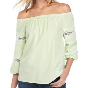 CROWN & IVY Green Striped Lace Inset Blouse